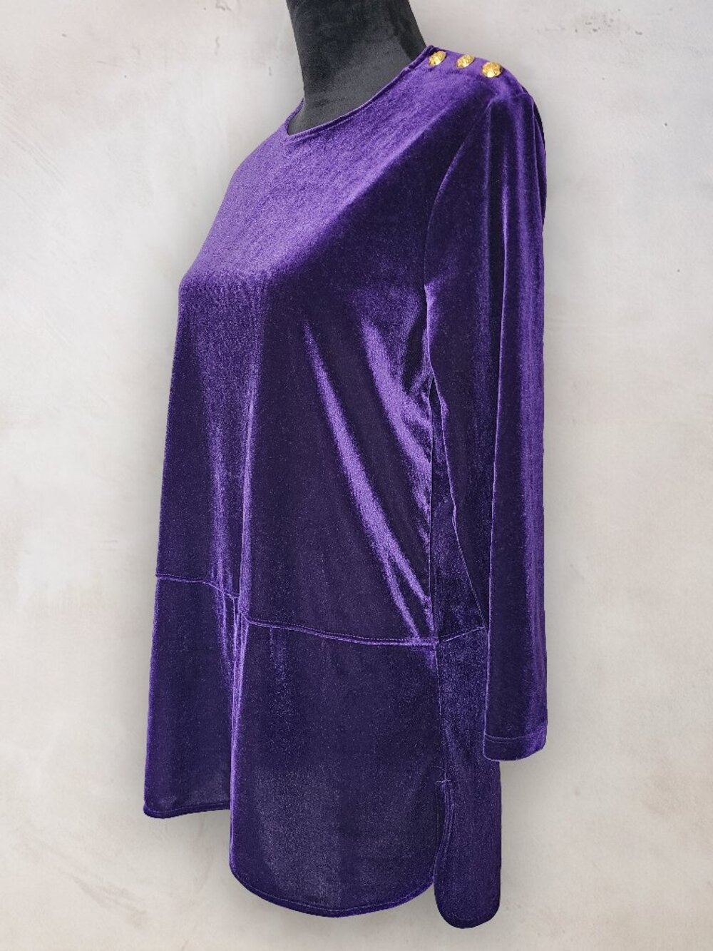 Ralph Lauren Purple Velvet Gold Shoulder Button Long Sleeve Tunic Top